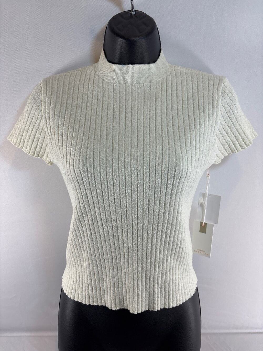 Good American Cloud White Ribbed Mock Neck Short Sleeve Knit‎ Top L